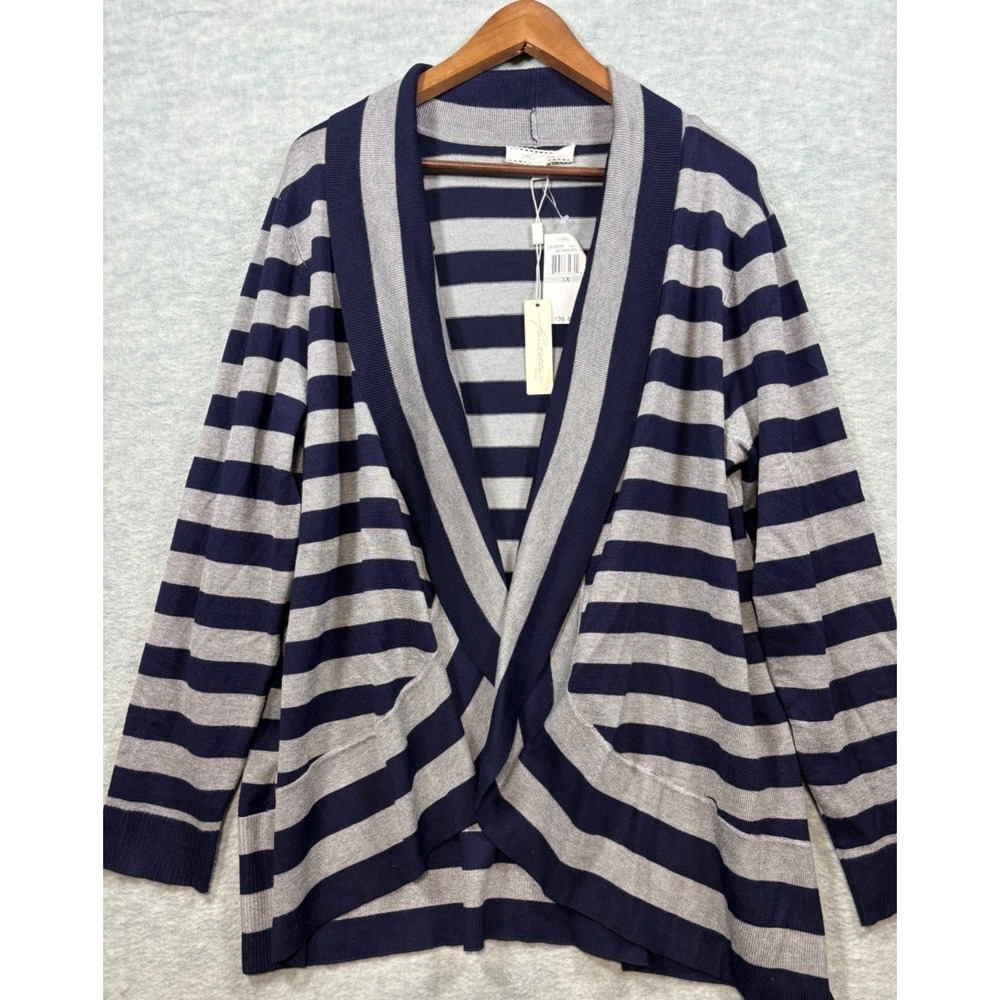 Pointelle Womens Cardigan Sweater 1X Navy &‎ Gray Open Front Casual